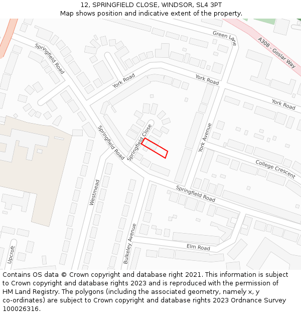 12, SPRINGFIELD CLOSE, WINDSOR, SL4 3PT: Location map and indicative extent of plot