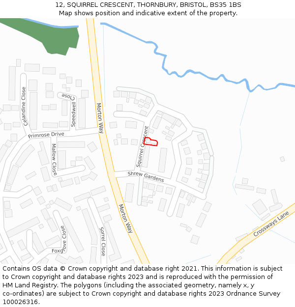 12, SQUIRREL CRESCENT, THORNBURY, BRISTOL, BS35 1BS: Location map and indicative extent of plot