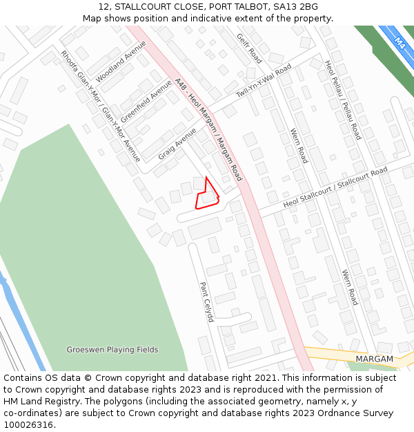12, STALLCOURT CLOSE, PORT TALBOT, SA13 2BG: Location map and indicative extent of plot