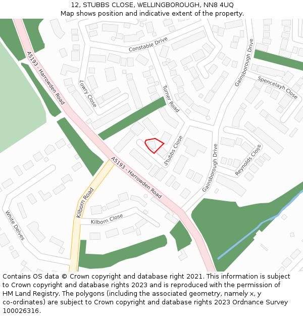 12, STUBBS CLOSE, WELLINGBOROUGH, NN8 4UQ: Location map and indicative extent of plot