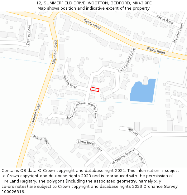 12, SUMMERFIELD DRIVE, WOOTTON, BEDFORD, MK43 9FE: Location map and indicative extent of plot