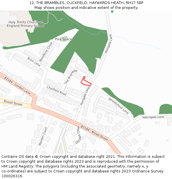 12, THE BRAMBLES, CUCKFIELD, HAYWARDS HEATH, RH17 5BF: Location map and indicative extent of plot