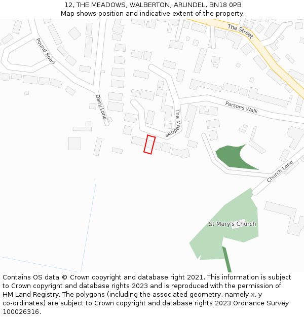 12, THE MEADOWS, WALBERTON, ARUNDEL, BN18 0PB: Location map and indicative extent of plot