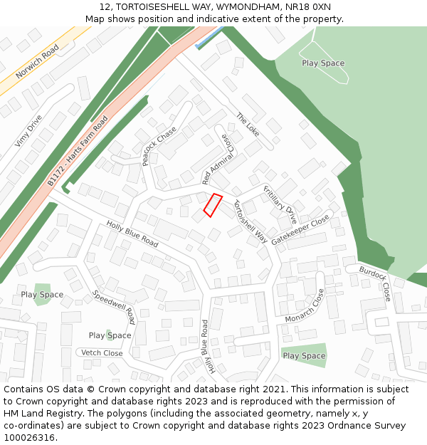 12, TORTOISESHELL WAY, WYMONDHAM, NR18 0XN: Location map and indicative extent of plot