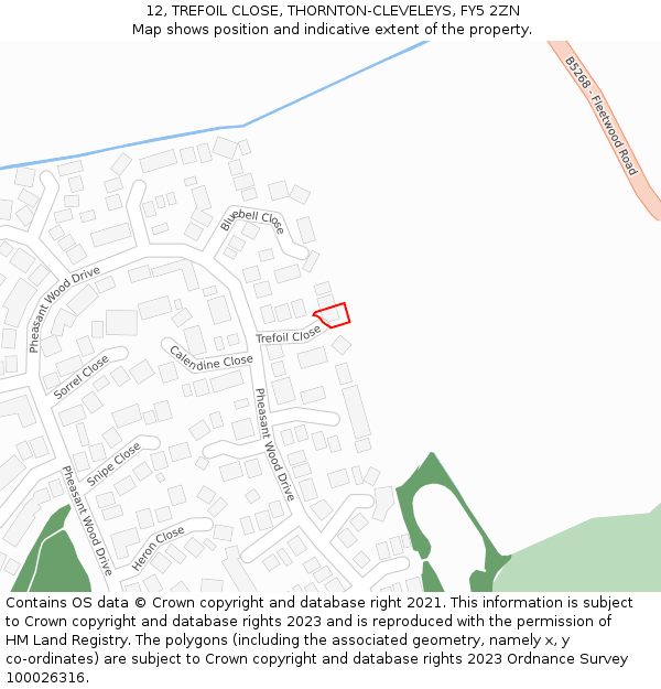 12, TREFOIL CLOSE, THORNTON-CLEVELEYS, FY5 2ZN: Location map and indicative extent of plot