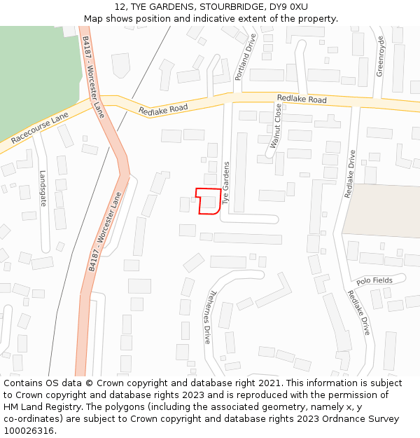 12, TYE GARDENS, STOURBRIDGE, DY9 0XU: Location map and indicative extent of plot