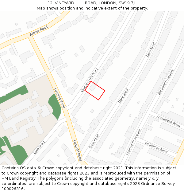 12, VINEYARD HILL ROAD, LONDON, SW19 7JH: Location map and indicative extent of plot