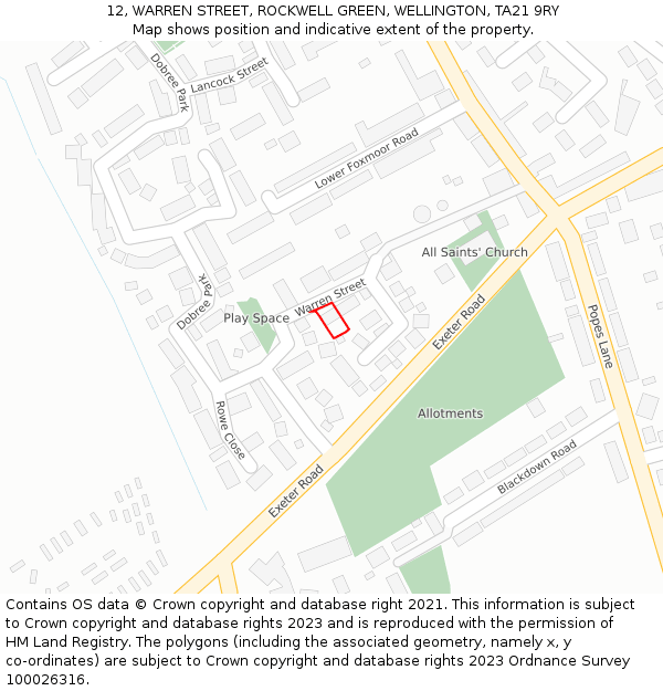 12, WARREN STREET, ROCKWELL GREEN, WELLINGTON, TA21 9RY: Location map and indicative extent of plot