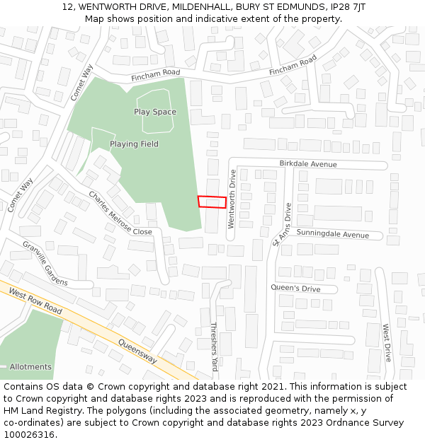 12, WENTWORTH DRIVE, MILDENHALL, BURY ST EDMUNDS, IP28 7JT: Location map and indicative extent of plot