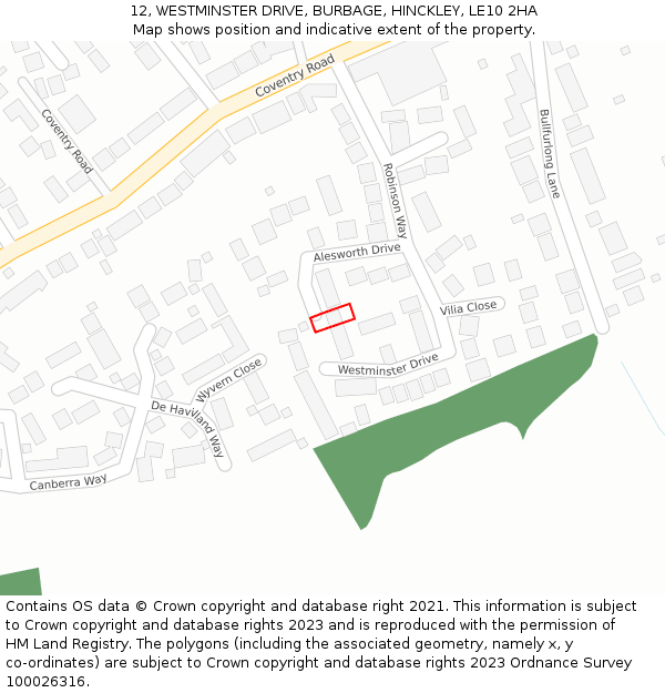 12, WESTMINSTER DRIVE, BURBAGE, HINCKLEY, LE10 2HA: Location map and indicative extent of plot