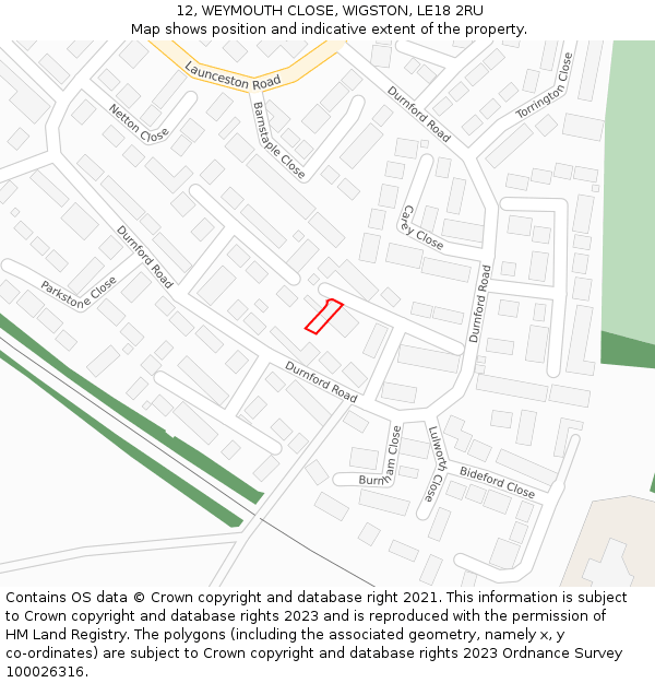 12, WEYMOUTH CLOSE, WIGSTON, LE18 2RU: Location map and indicative extent of plot