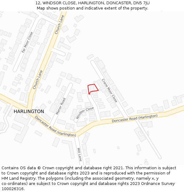 12, WINDSOR CLOSE, HARLINGTON, DONCASTER, DN5 7JU: Location map and indicative extent of plot