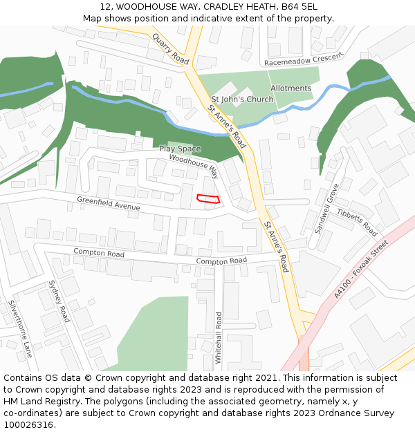 12, WOODHOUSE WAY, CRADLEY HEATH, B64 5EL: Location map and indicative extent of plot