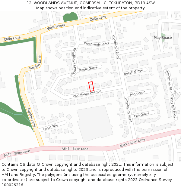 12, WOODLANDS AVENUE, GOMERSAL, CLECKHEATON, BD19 4SW: Location map and indicative extent of plot