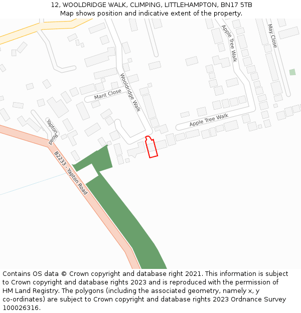 12, WOOLDRIDGE WALK, CLIMPING, LITTLEHAMPTON, BN17 5TB: Location map and indicative extent of plot