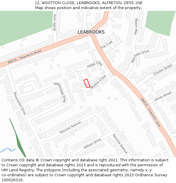 12, WOOTTON CLOSE, LEABROOKS, ALFRETON, DE55 1NE: Location map and indicative extent of plot