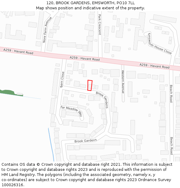 120, BROOK GARDENS, EMSWORTH, PO10 7LL: Location map and indicative extent of plot