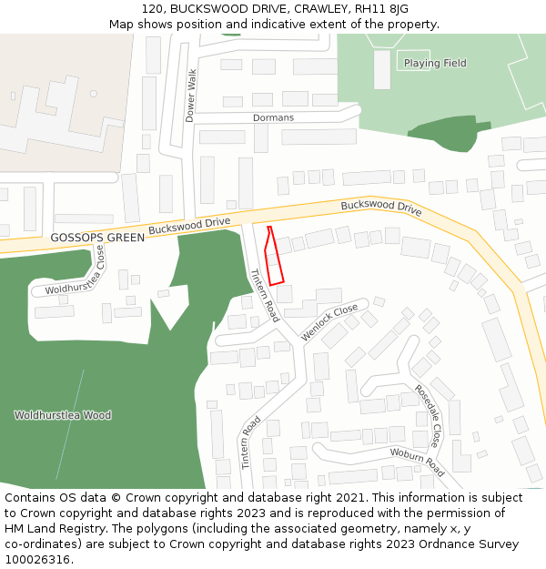 120, BUCKSWOOD DRIVE, CRAWLEY, RH11 8JG: Location map and indicative extent of plot