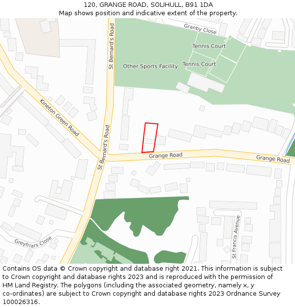 120, GRANGE ROAD, SOLIHULL, B91 1DA: Location map and indicative extent of plot