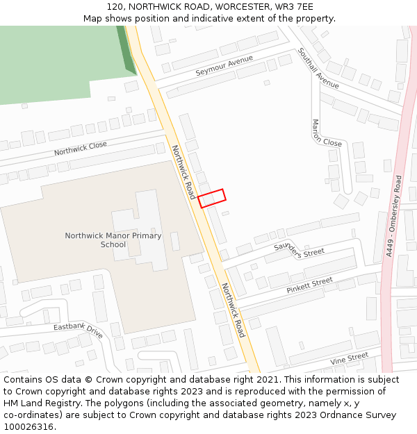 120, NORTHWICK ROAD, WORCESTER, WR3 7EE: Location map and indicative extent of plot