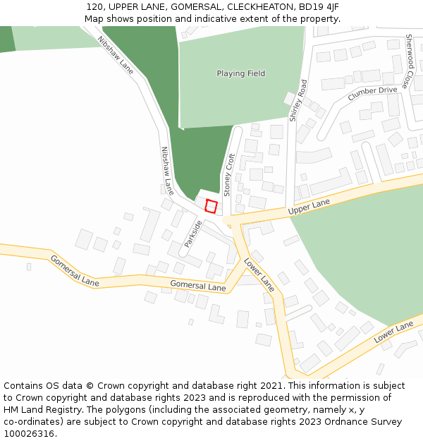 120, UPPER LANE, GOMERSAL, CLECKHEATON, BD19 4JF: Location map and indicative extent of plot