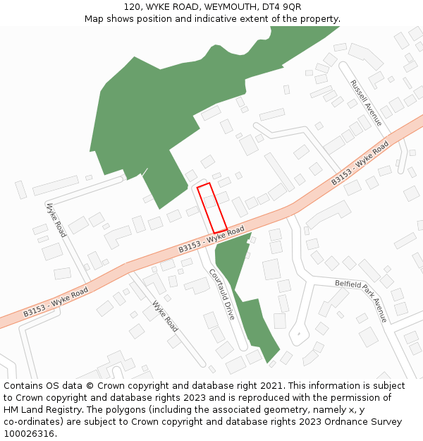 120, WYKE ROAD, WEYMOUTH, DT4 9QR: Location map and indicative extent of plot