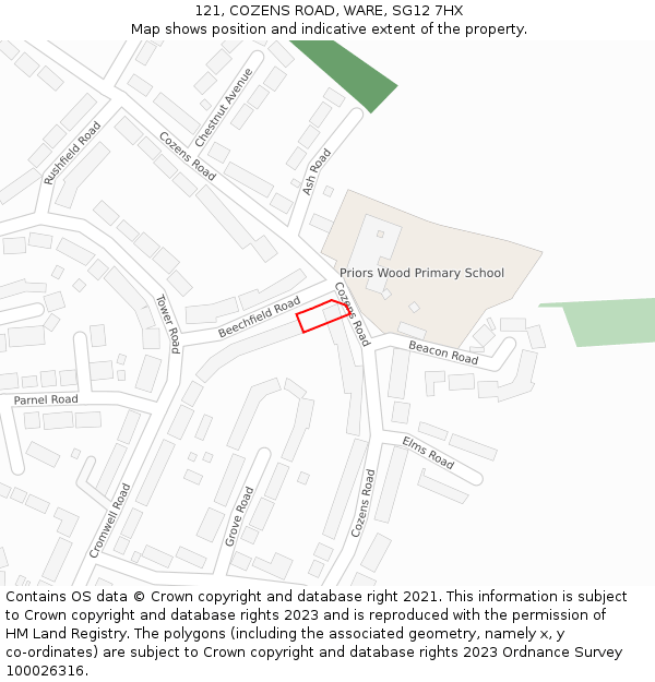 121, COZENS ROAD, WARE, SG12 7HX: Location map and indicative extent of plot