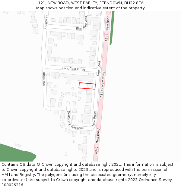 121, NEW ROAD, WEST PARLEY, FERNDOWN, BH22 8EA: Location map and indicative extent of plot