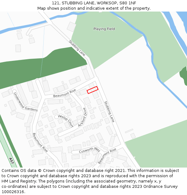 121, STUBBING LANE, WORKSOP, S80 1NF: Location map and indicative extent of plot