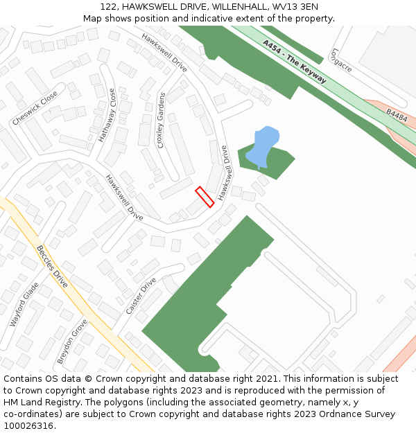122, HAWKSWELL DRIVE, WILLENHALL, WV13 3EN: Location map and indicative extent of plot