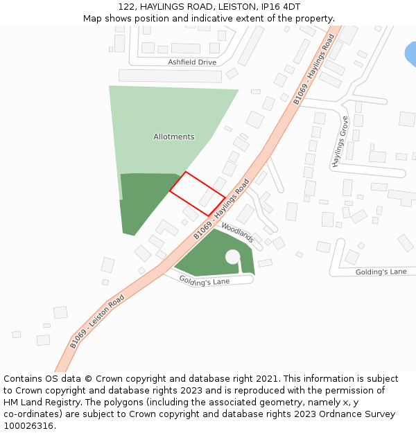 122, HAYLINGS ROAD, LEISTON, IP16 4DT: Location map and indicative extent of plot