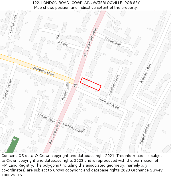 122, LONDON ROAD, COWPLAIN, WATERLOOVILLE, PO8 8EY: Location map and indicative extent of plot