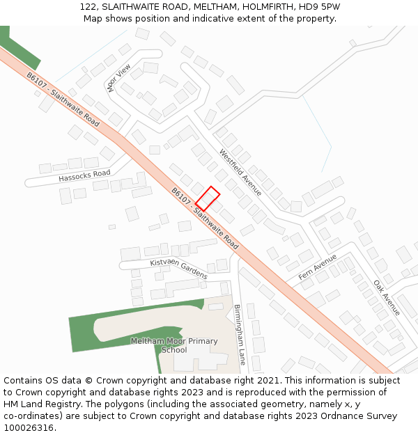 122, SLAITHWAITE ROAD, MELTHAM, HOLMFIRTH, HD9 5PW: Location map and indicative extent of plot