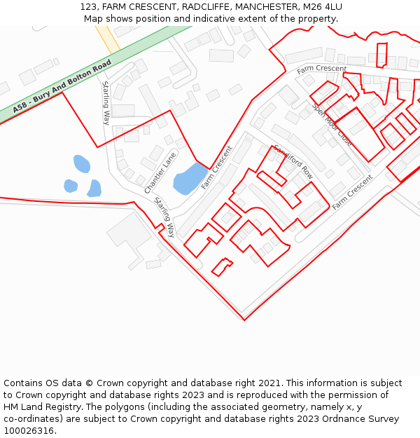 123, FARM CRESCENT, RADCLIFFE, MANCHESTER, M26 4LU: Location map and indicative extent of plot