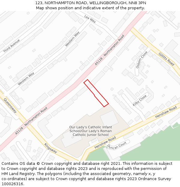 123, NORTHAMPTON ROAD, WELLINGBOROUGH, NN8 3PN: Location map and indicative extent of plot