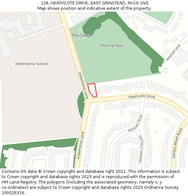 128, HEATHCOTE DRIVE, EAST GRINSTEAD, RH19 1NQ: Location map and indicative extent of plot