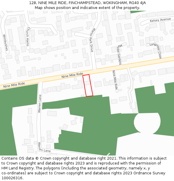 128, NINE MILE RIDE, FINCHAMPSTEAD, WOKINGHAM, RG40 4JA: Location map and indicative extent of plot