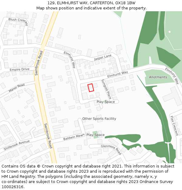 129, ELMHURST WAY, CARTERTON, OX18 1BW: Location map and indicative extent of plot