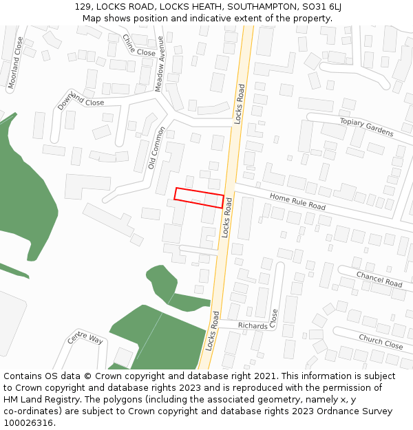 129, LOCKS ROAD, LOCKS HEATH, SOUTHAMPTON, SO31 6LJ: Location map and indicative extent of plot