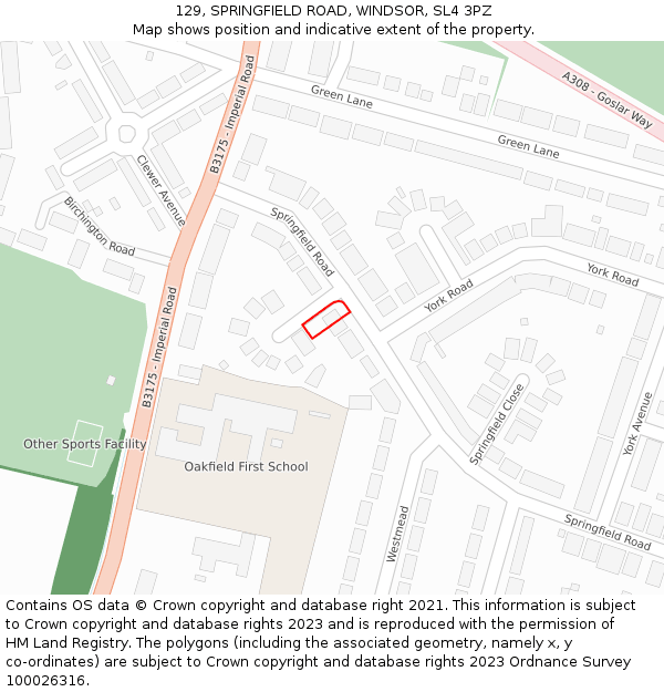 129, SPRINGFIELD ROAD, WINDSOR, SL4 3PZ: Location map and indicative extent of plot