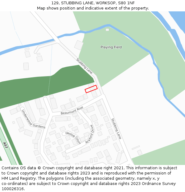 129, STUBBING LANE, WORKSOP, S80 1NF: Location map and indicative extent of plot
