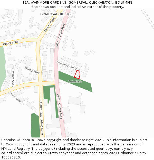 12A, WHINMORE GARDENS, GOMERSAL, CLECKHEATON, BD19 4HG: Location map and indicative extent of plot