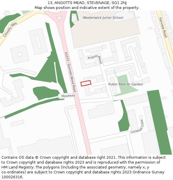 13, ANGOTTS MEAD, STEVENAGE, SG1 2NJ: Location map and indicative extent of plot