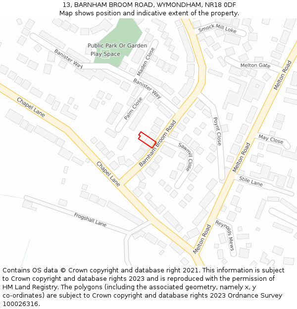 13, BARNHAM BROOM ROAD, WYMONDHAM, NR18 0DF: Location map and indicative extent of plot