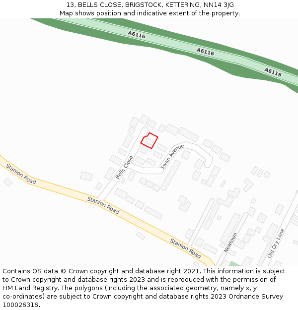 13, BELLS CLOSE, BRIGSTOCK, KETTERING, NN14 3JG: Location map and indicative extent of plot