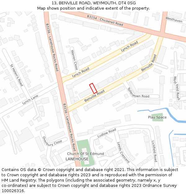 13, BENVILLE ROAD, WEYMOUTH, DT4 0SG: Location map and indicative extent of plot