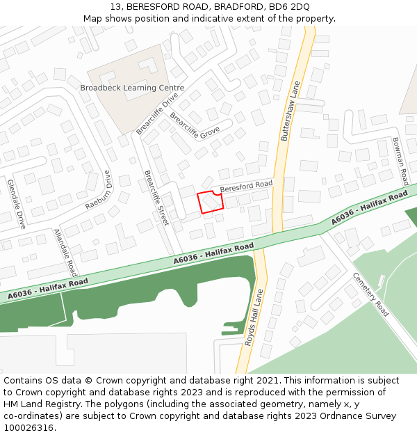 13, BERESFORD ROAD, BRADFORD, BD6 2DQ: Location map and indicative extent of plot