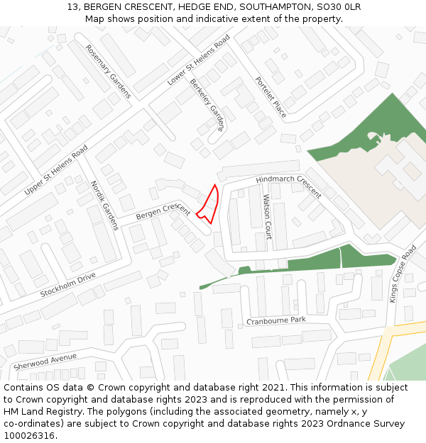 13, BERGEN CRESCENT, HEDGE END, SOUTHAMPTON, SO30 0LR: Location map and indicative extent of plot