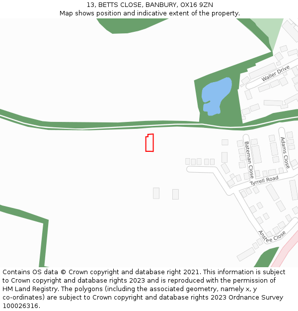 13, BETTS CLOSE, BANBURY, OX16 9ZN: Location map and indicative extent of plot