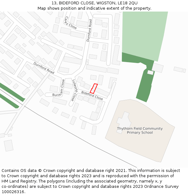 13, BIDEFORD CLOSE, WIGSTON, LE18 2QU: Location map and indicative extent of plot